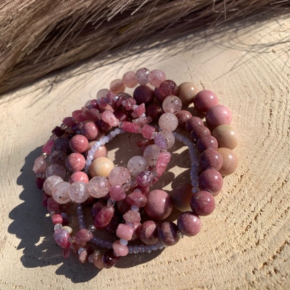Natural Strawberry Quartz, Pink Rhodonite & Raw Tourmaline Gemstone Bracelets - Picture 8 of 15